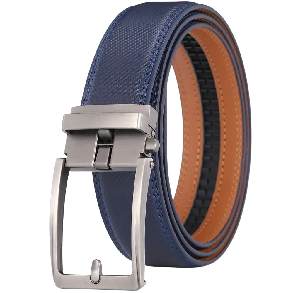 Navy blue textured leather men’s belt with a silver-toned automatic buckle and tan inner lining
