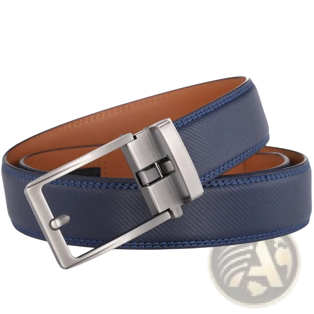 Navy blue textured leather mens belt with a silver toned automatic buckle for easy adjustment