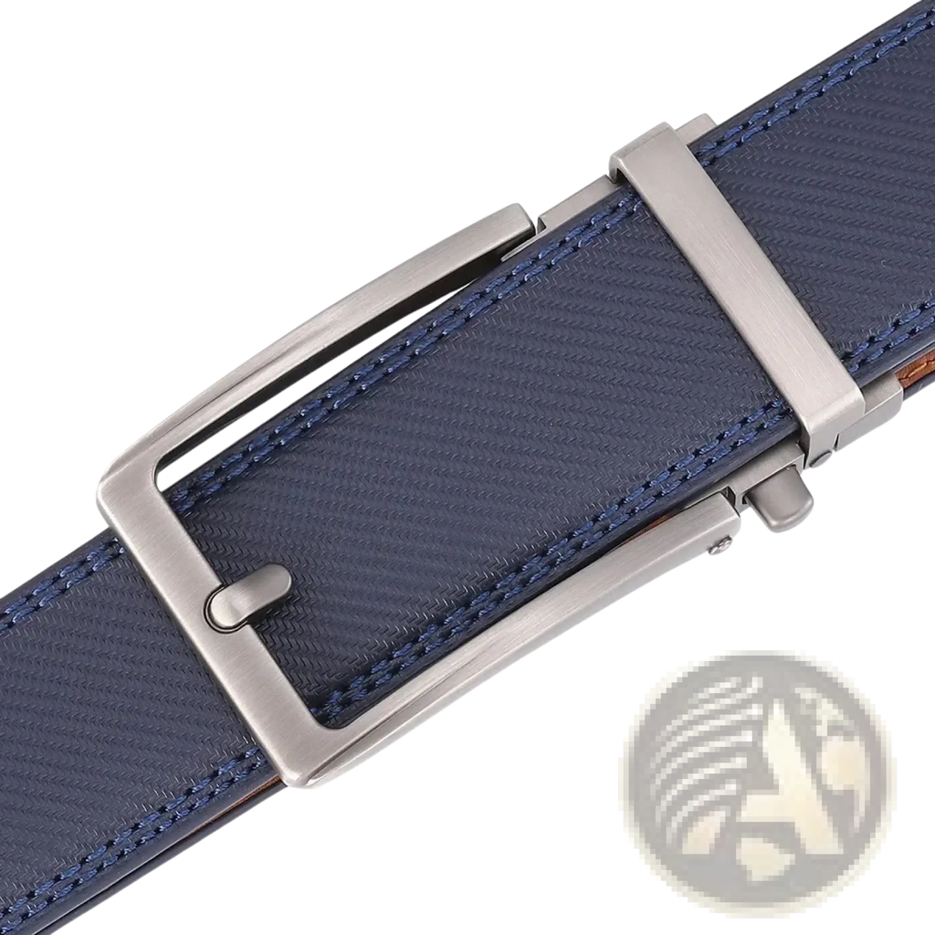 Navy blue textured leather mens belt with a sleek silver-toned automatic buckle for effortless style