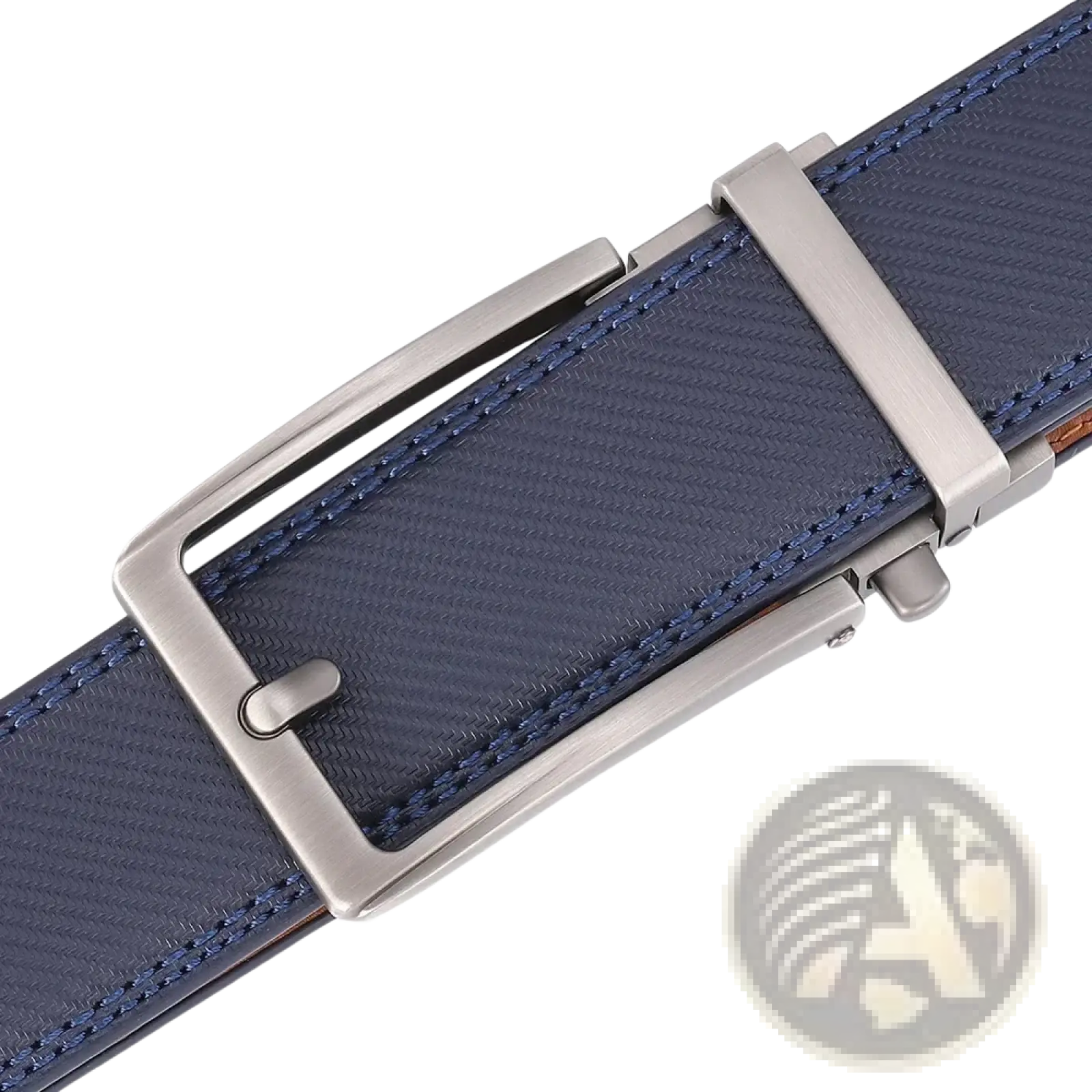 Navy blue textured leather mens belt with a sleek silver-toned automatic buckle for effortless style