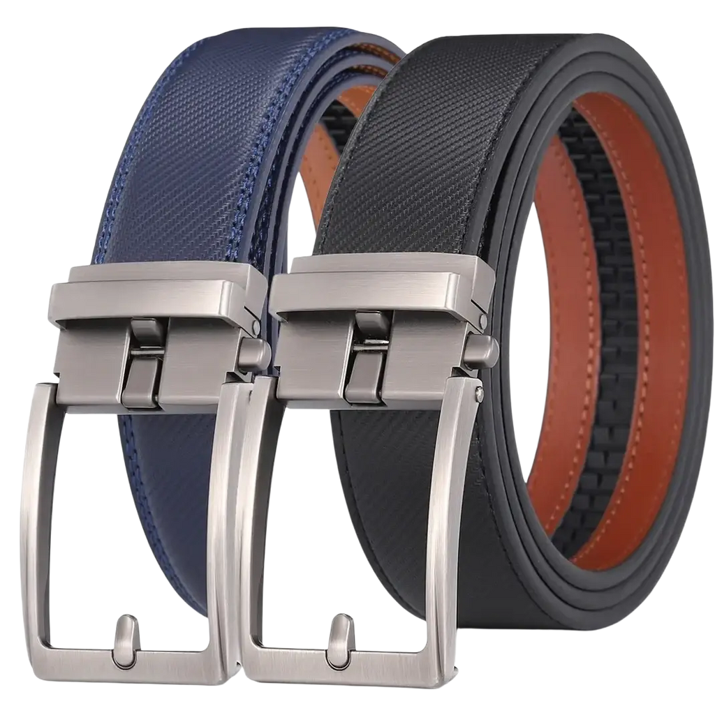 Automatic buckle leather mens belt pair in navy blue and black with tan interiors showcasing sleek modern design