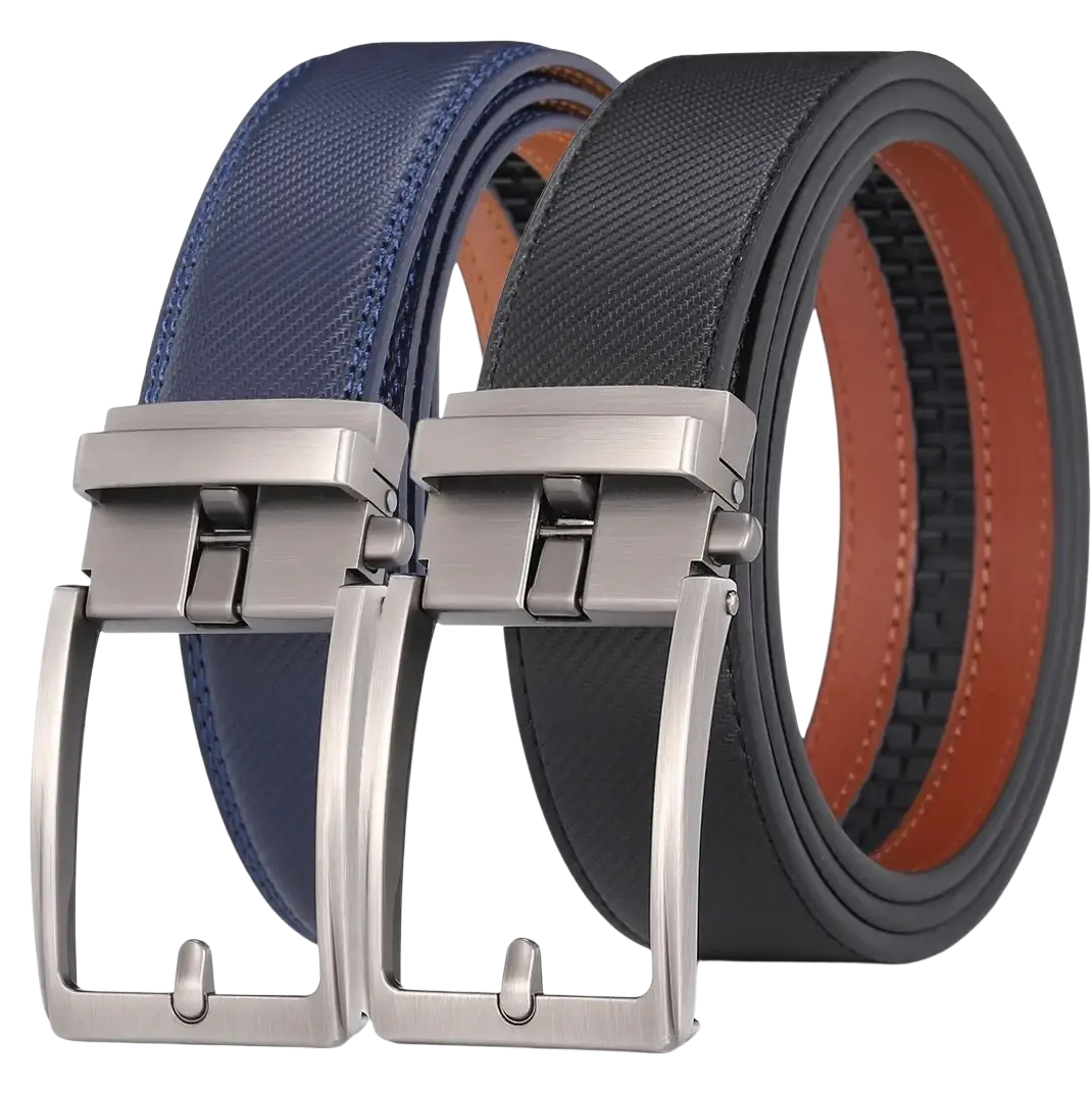 Automatic buckle leather mens belt pair in navy blue and black with tan interiors showcasing sleek modern design