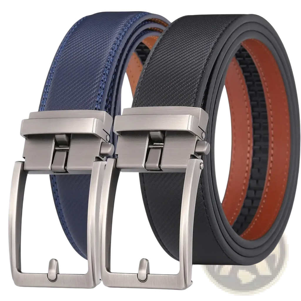Automatic buckle leather mens belt pair in navy blue and black with tan interiors showcasing sleek modern design