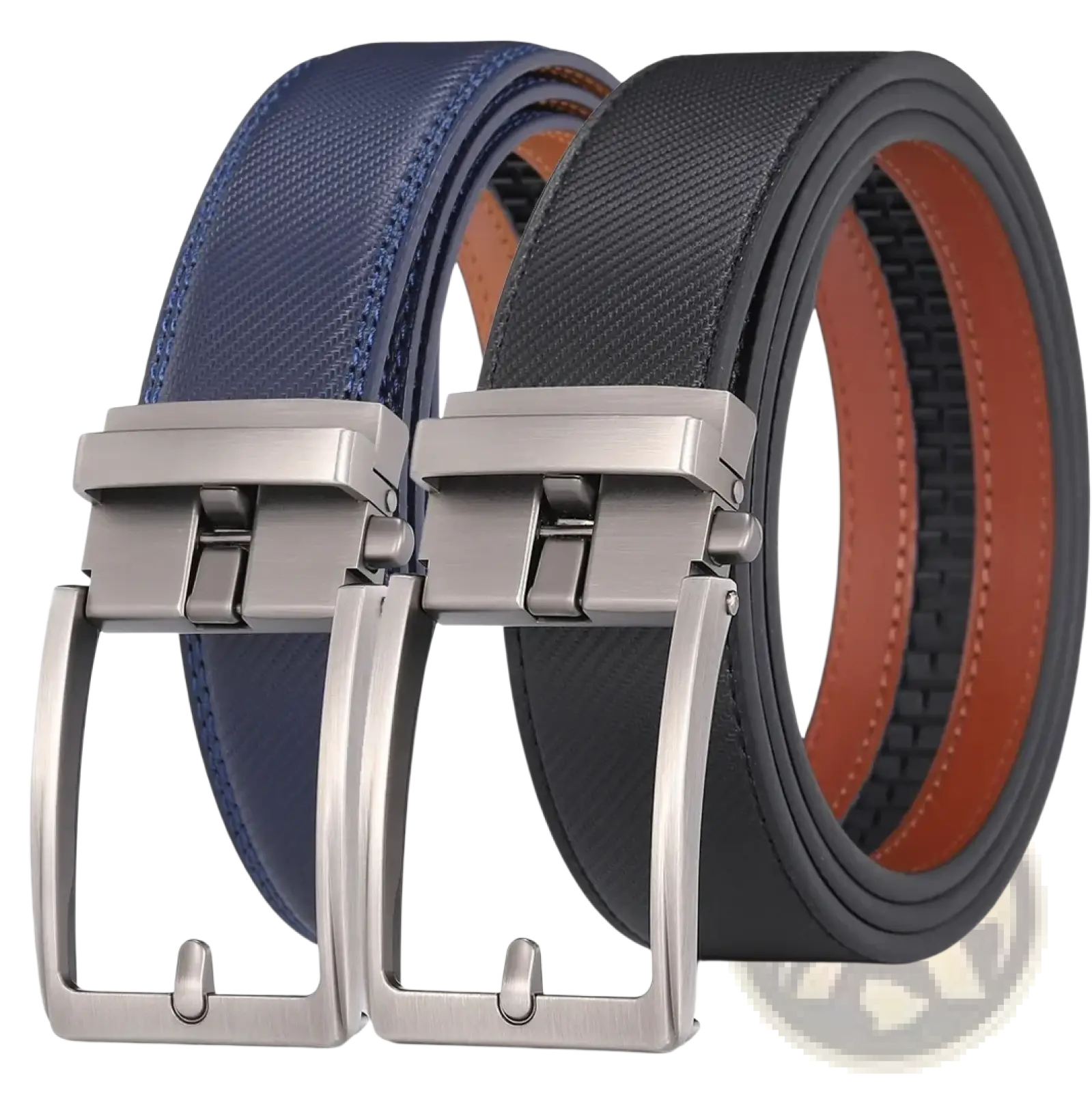 Automatic buckle leather mens belt pair in navy blue and black with tan interiors showcasing sleek modern design