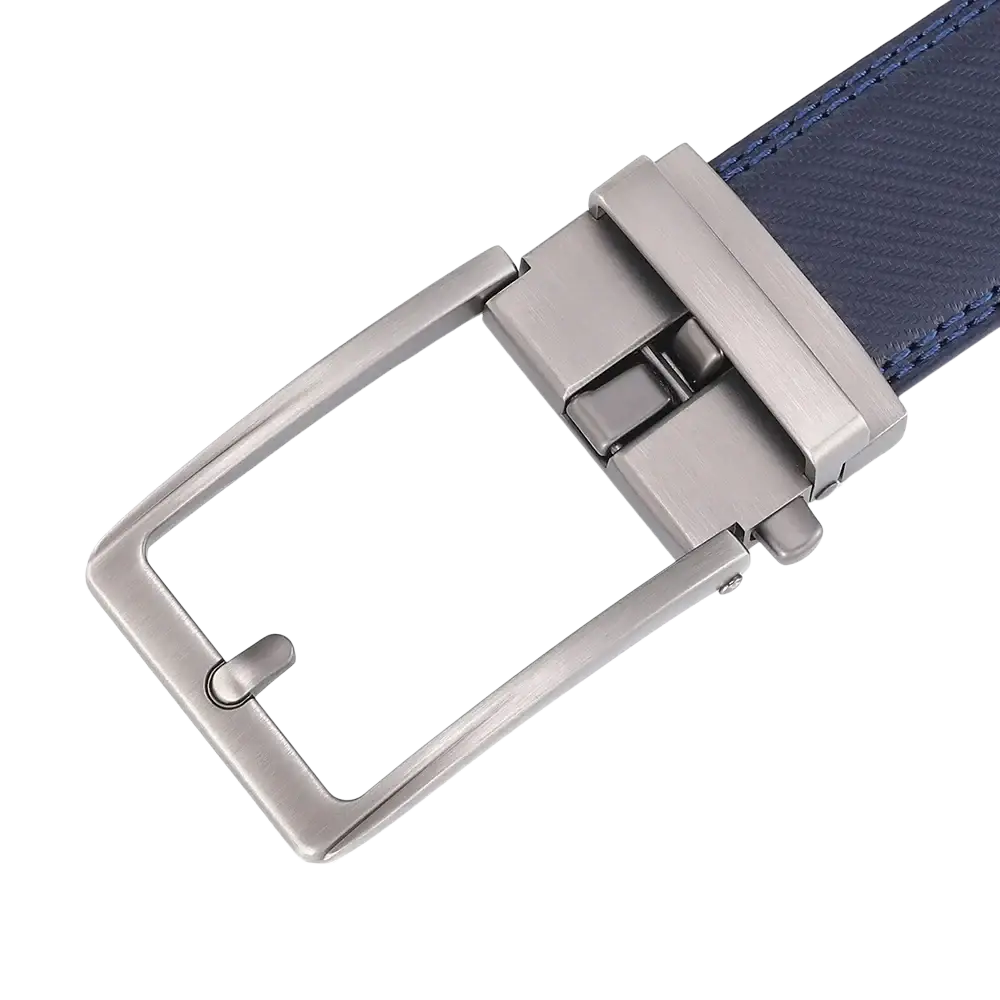 Automatic buckle leather mens belt with silver-toned buckle and navy blue textured leather strap