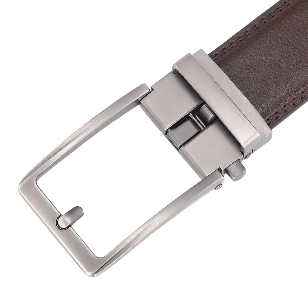 Automatic buckle leather mens belt with silver-toned rectangular buckle and brown leather strap for men