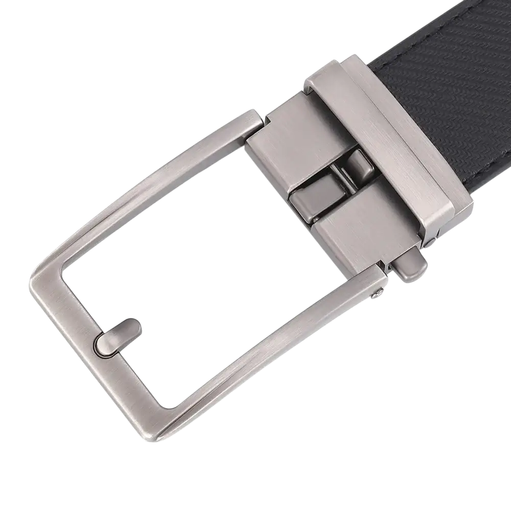 Automatic buckle leather mens belt featuring a silver-toned rectangular metal buckle and a textured black strap