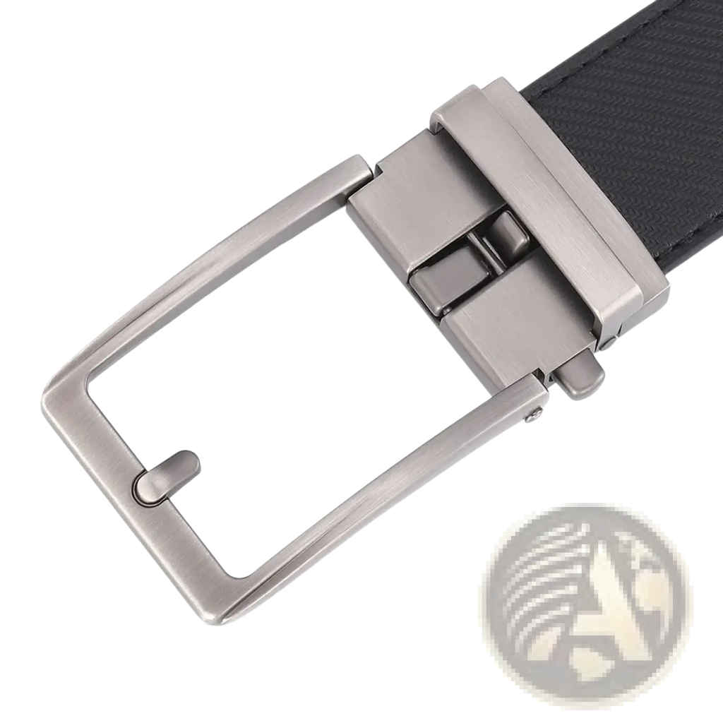 Automatic buckle leather mens belt featuring a silver-toned rectangular metal buckle and a textured black strap