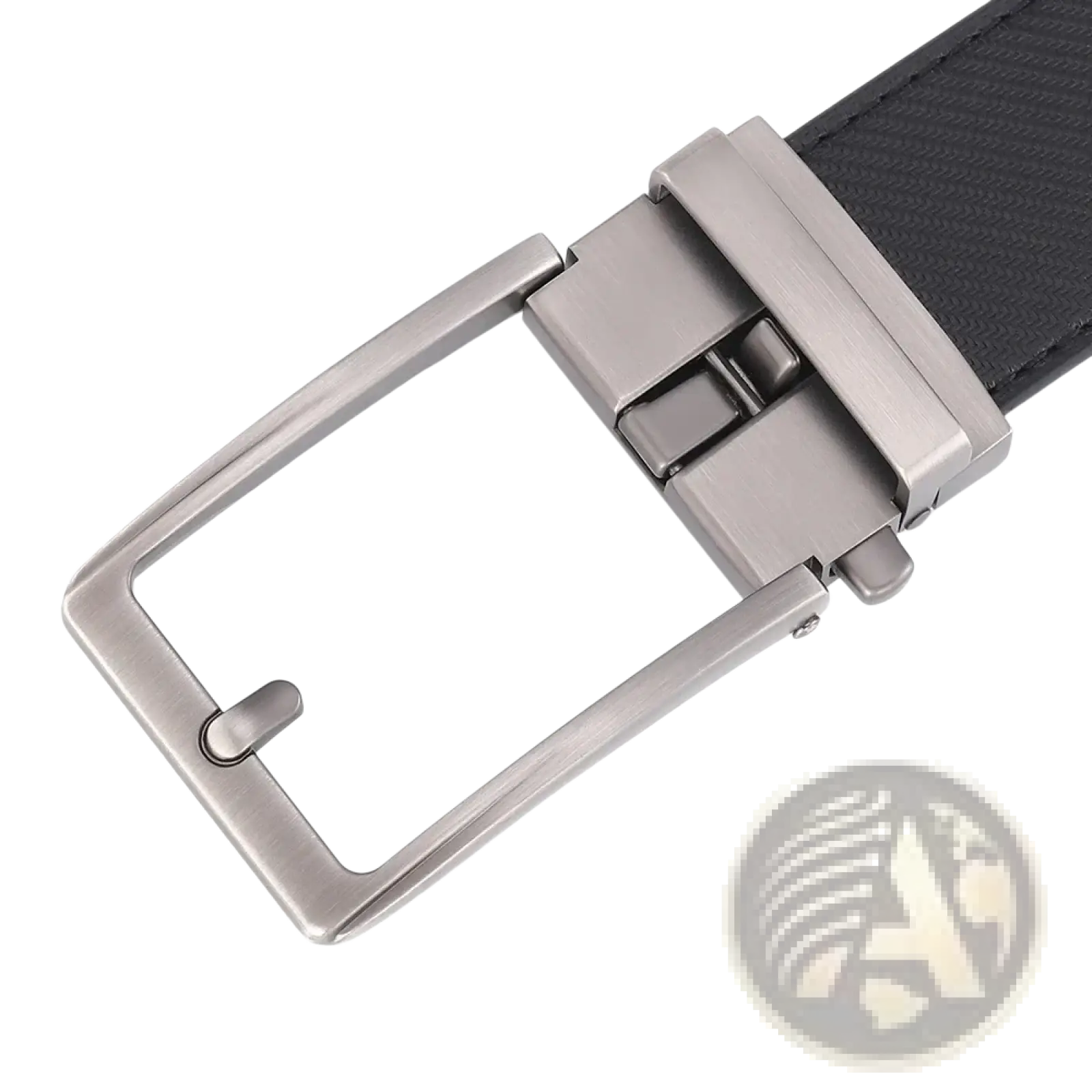 Automatic buckle leather mens belt featuring a silver-toned rectangular metal buckle and a textured black strap