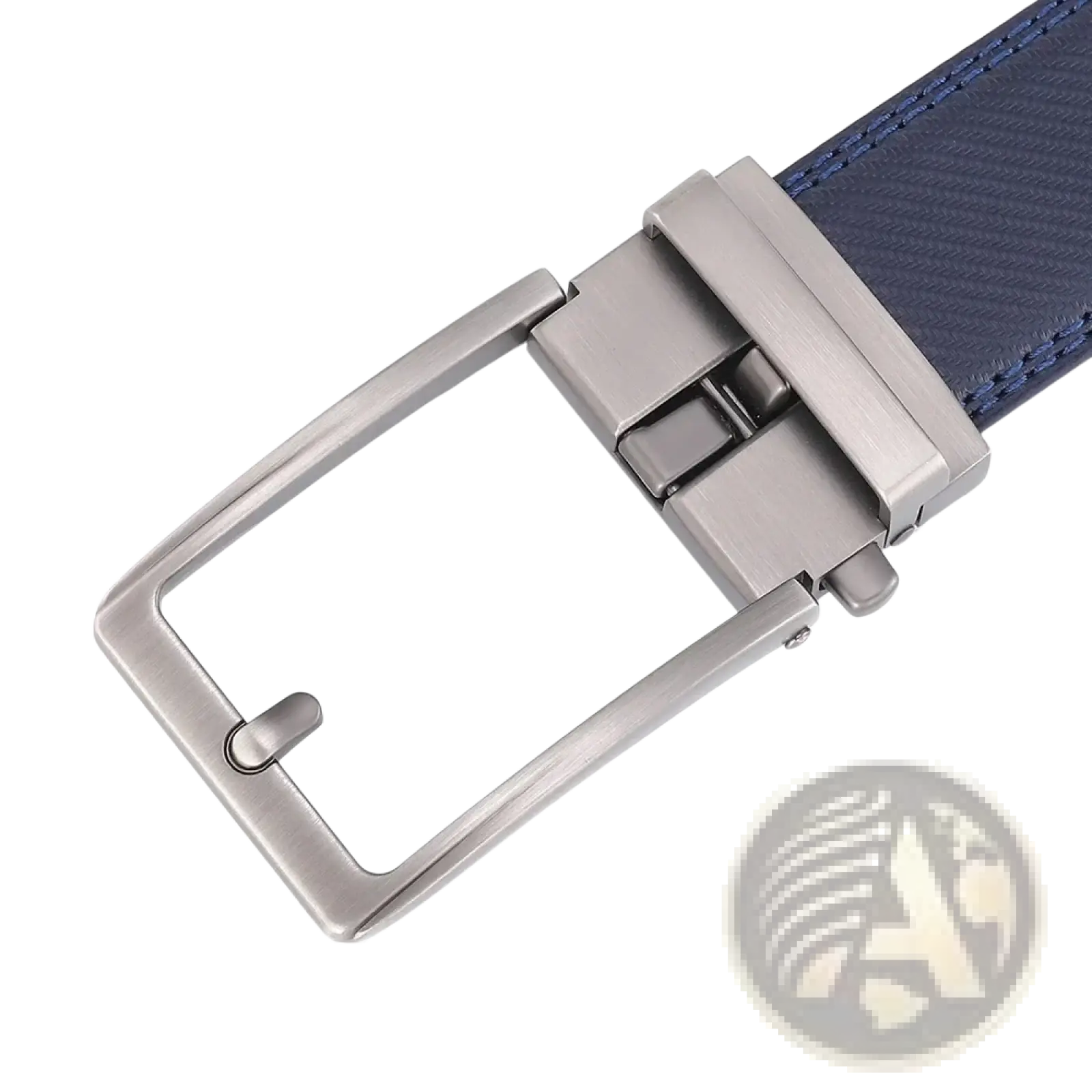 Automatic buckle leather mens belt with silver-toned buckle and navy blue textured leather strap