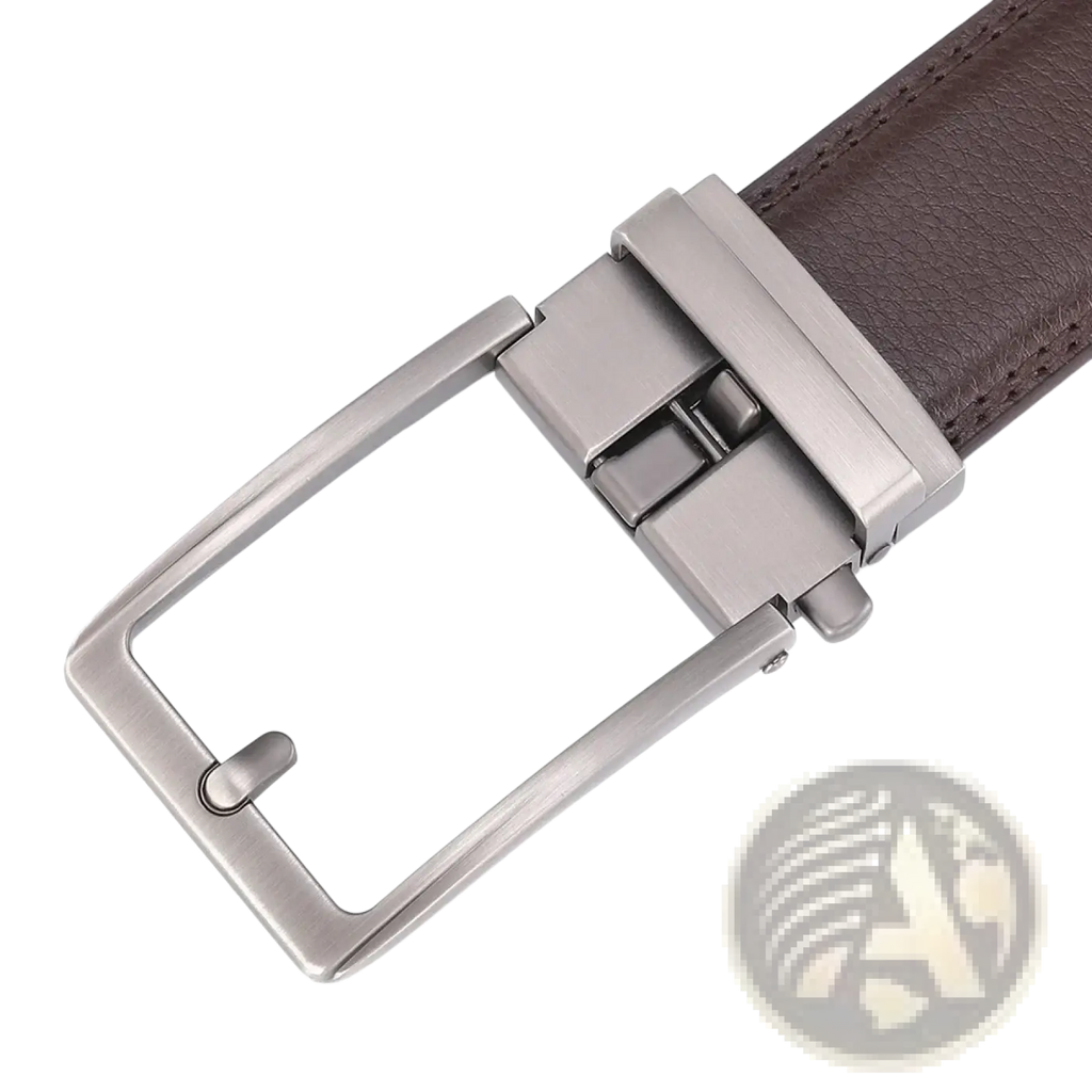 Automatic buckle leather mens belt with silver-toned rectangular buckle and brown leather strap for men
