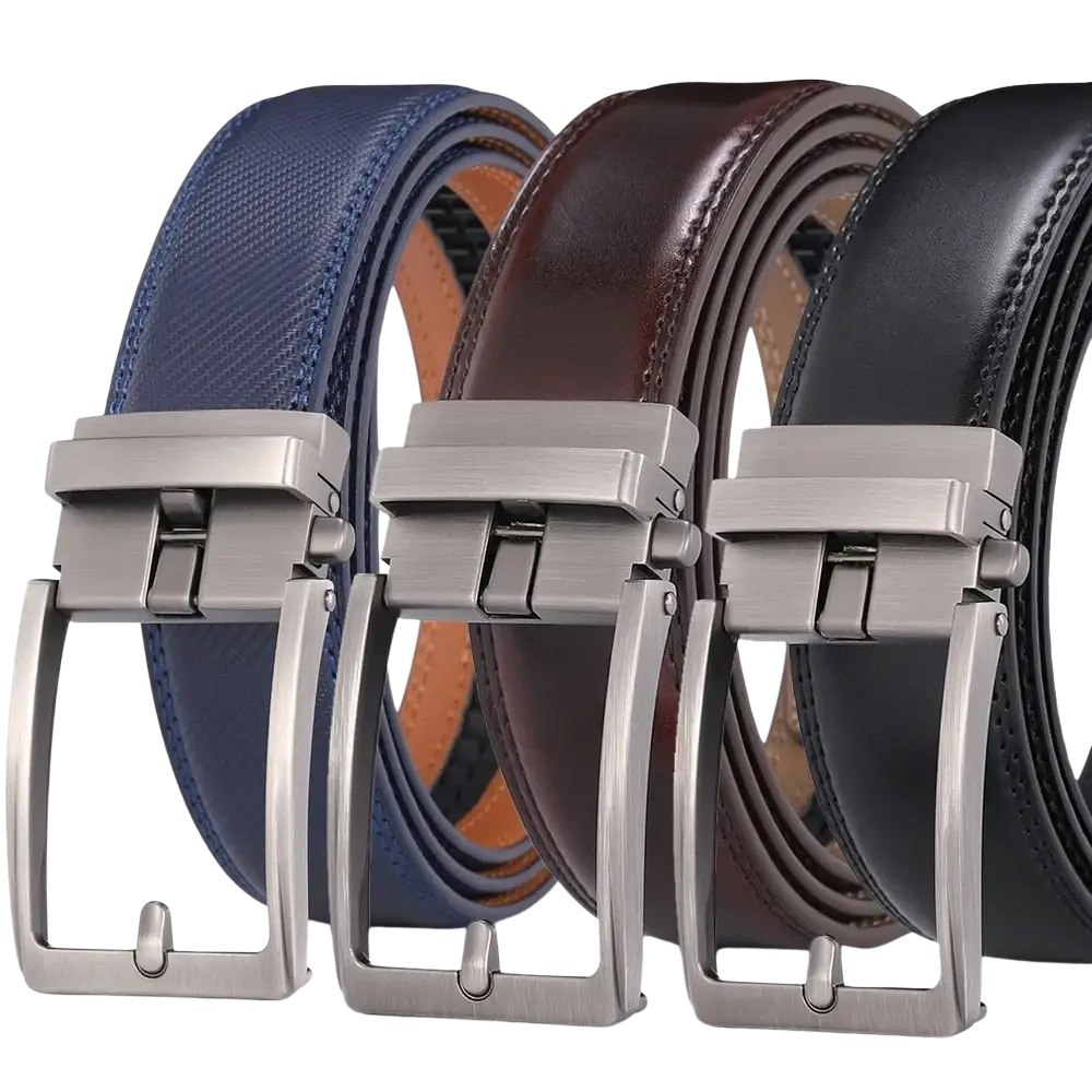 Three automatic buckle leather mens belts in navy blue brown and black with silver toned buckles displayed together