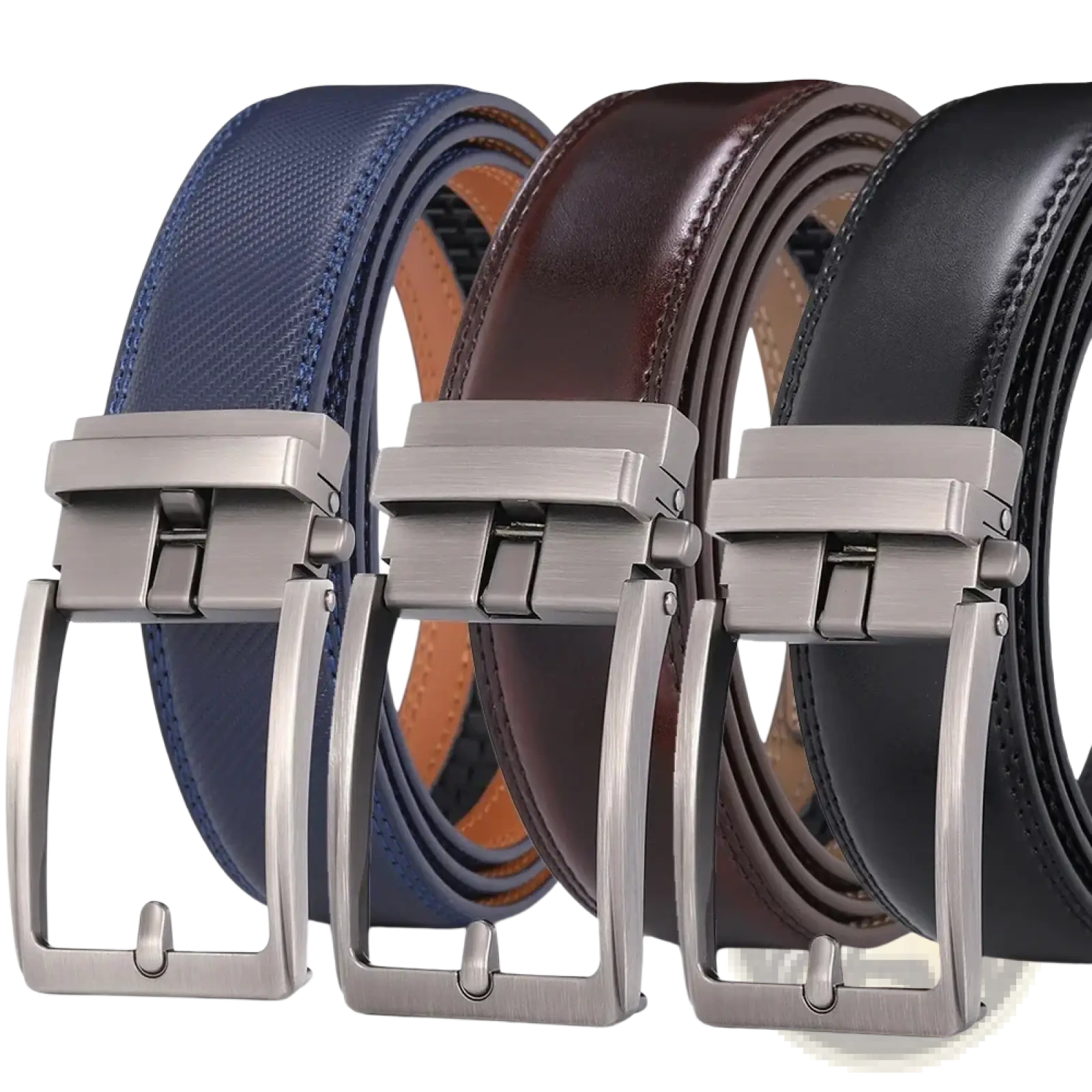 Three automatic buckle leather mens belts in navy blue brown and black with silver toned buckles displayed together