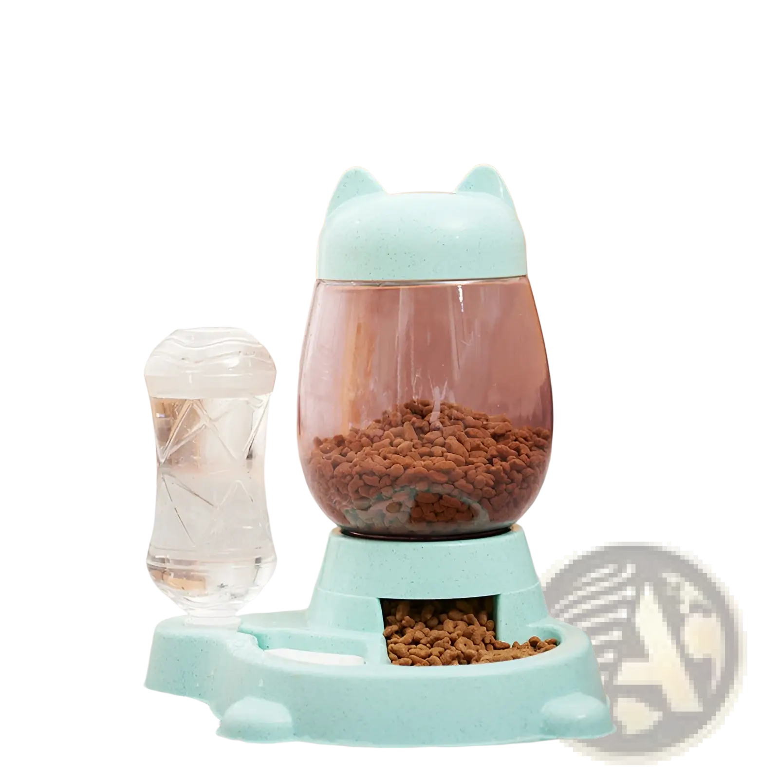 Light blue cat-shaped automatic pet feeder with transparent food compartment and matching gravity water dispenser station