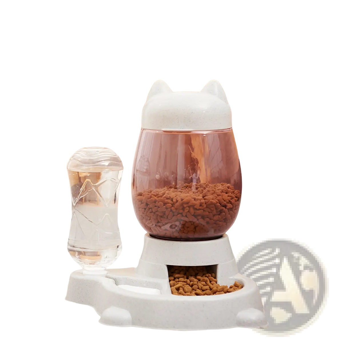 White cat-shaped automatic cat feeder with transparent body gray base and side water bottle for pet hydration station