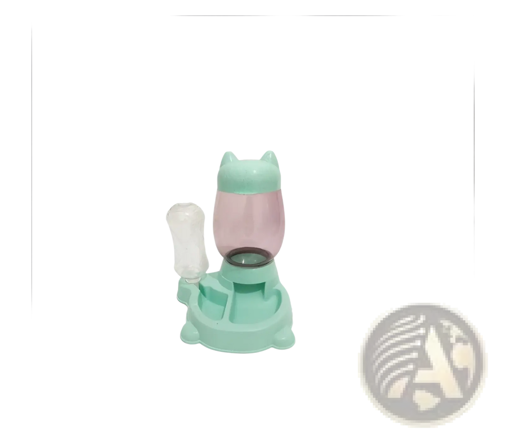 Pastel green cat-shaped automatic feeder with translucent pink water reservoir and clear plastic bottle attachment