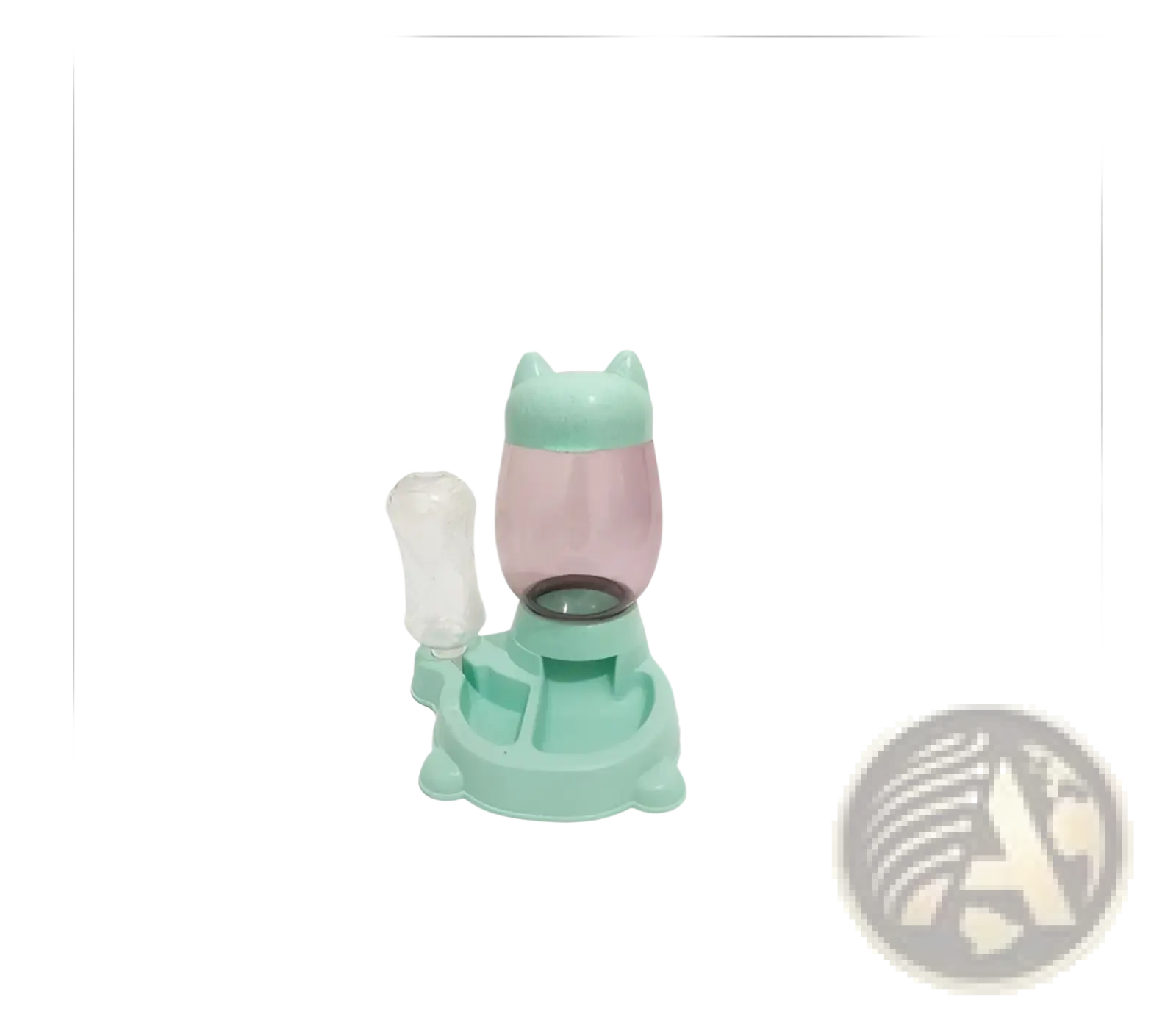 Pastel green cat-shaped automatic feeder with translucent pink water reservoir and clear plastic bottle attachment