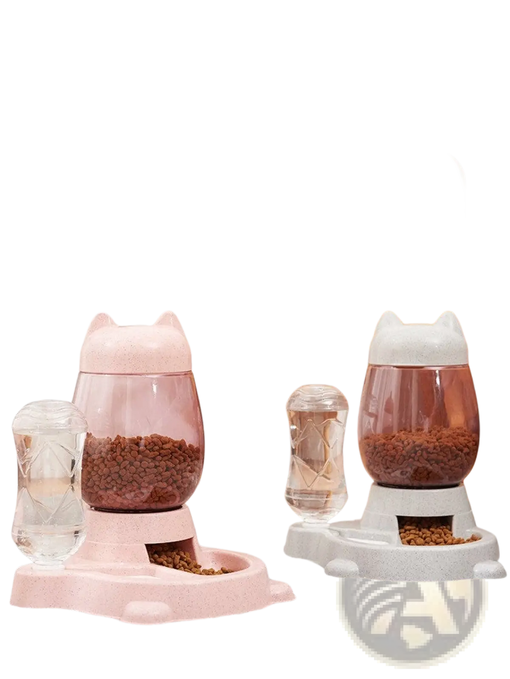 Pink and white cat-shaped automatic cat feeder with transparent kibble reservoirs for gravity pet feeding station