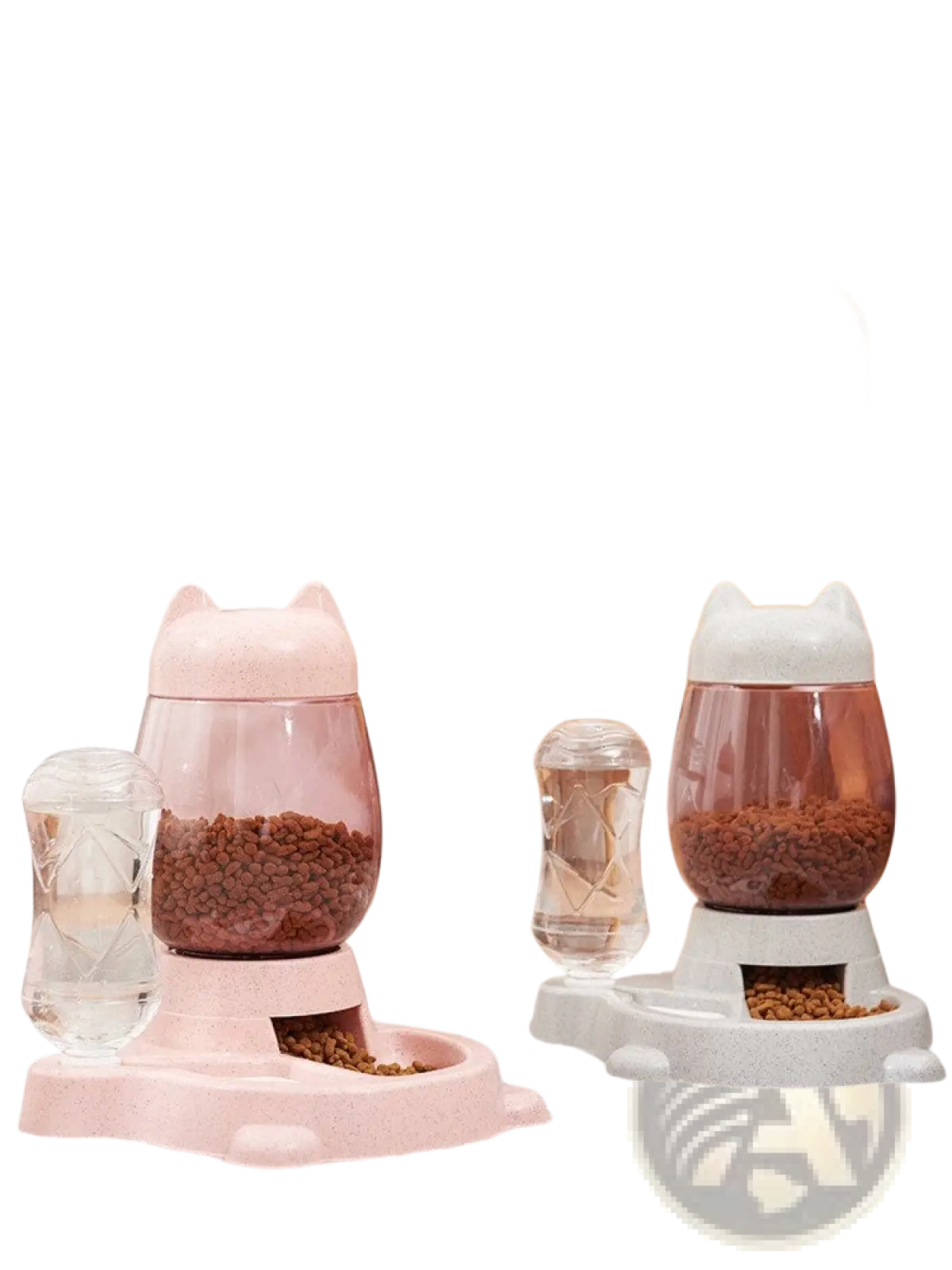 Pink and white cat-shaped automatic cat feeder with transparent kibble reservoirs for gravity pet feeding station