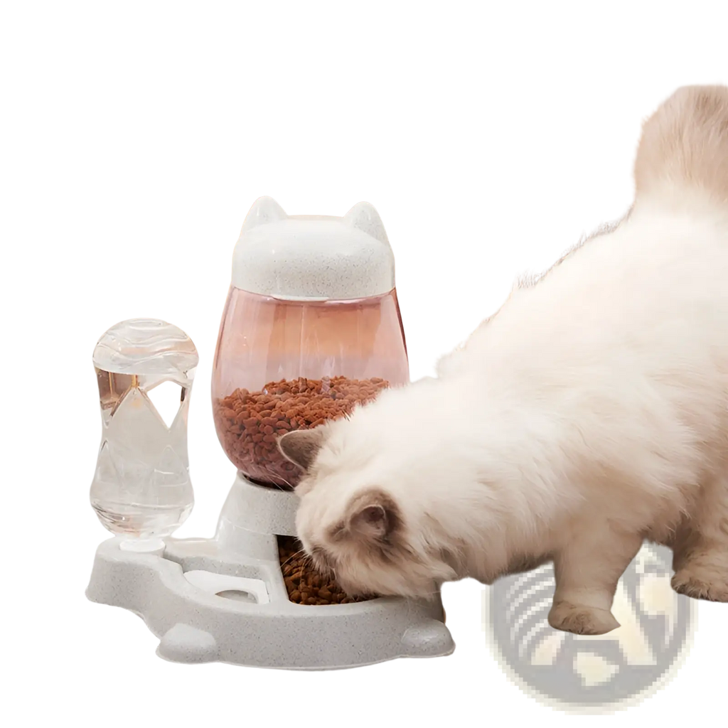 Cat-shaped automatic pet feeder with translucent pink bowl white cat-ear lid and separate water bottle base station
