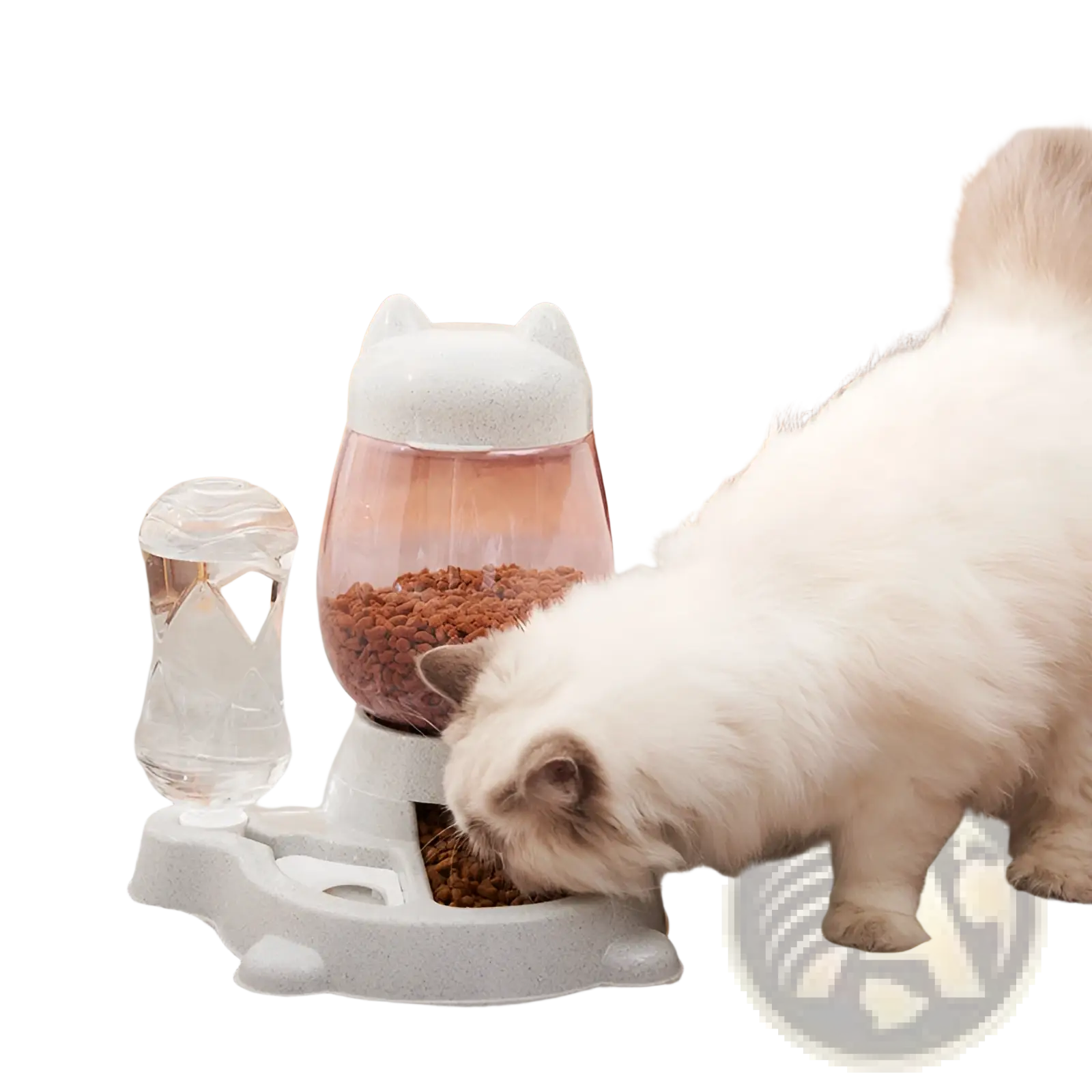 Cat-shaped automatic pet feeder with translucent pink bowl white cat-ear lid and separate water bottle base station