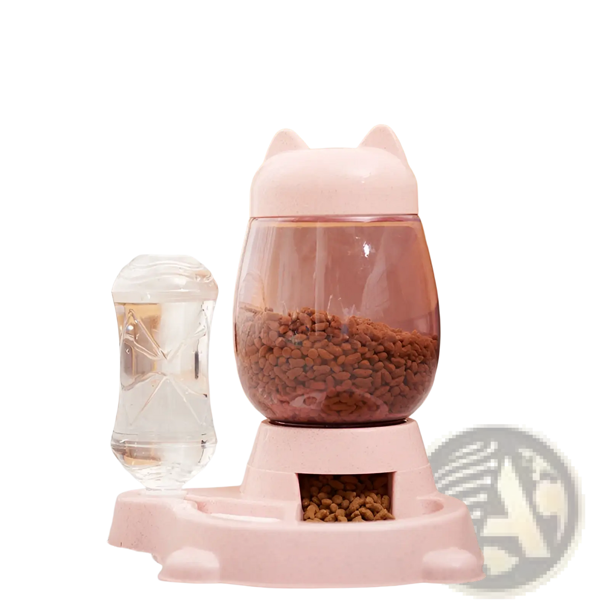 Pink cat-shaped automatic cat feeder with transparent body and pink plastic base featuring a side water dispenser