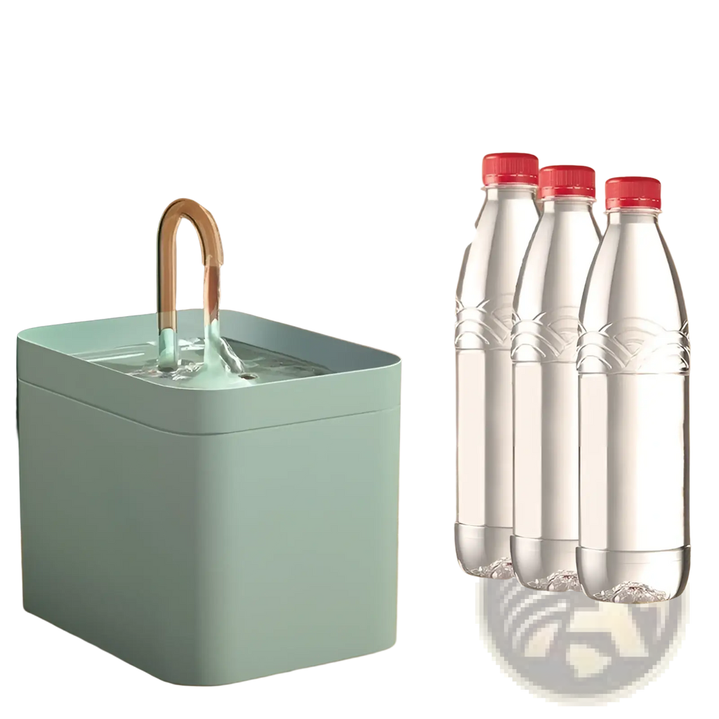 Light green automatic cat water fountain 1500ml with curved copper-colored spout for continuous water circulation