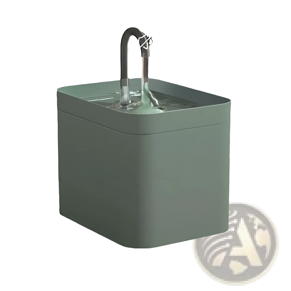 Modern matte sage green automatic cat water fountain with 1500ml capacity and sleek curved chrome spout