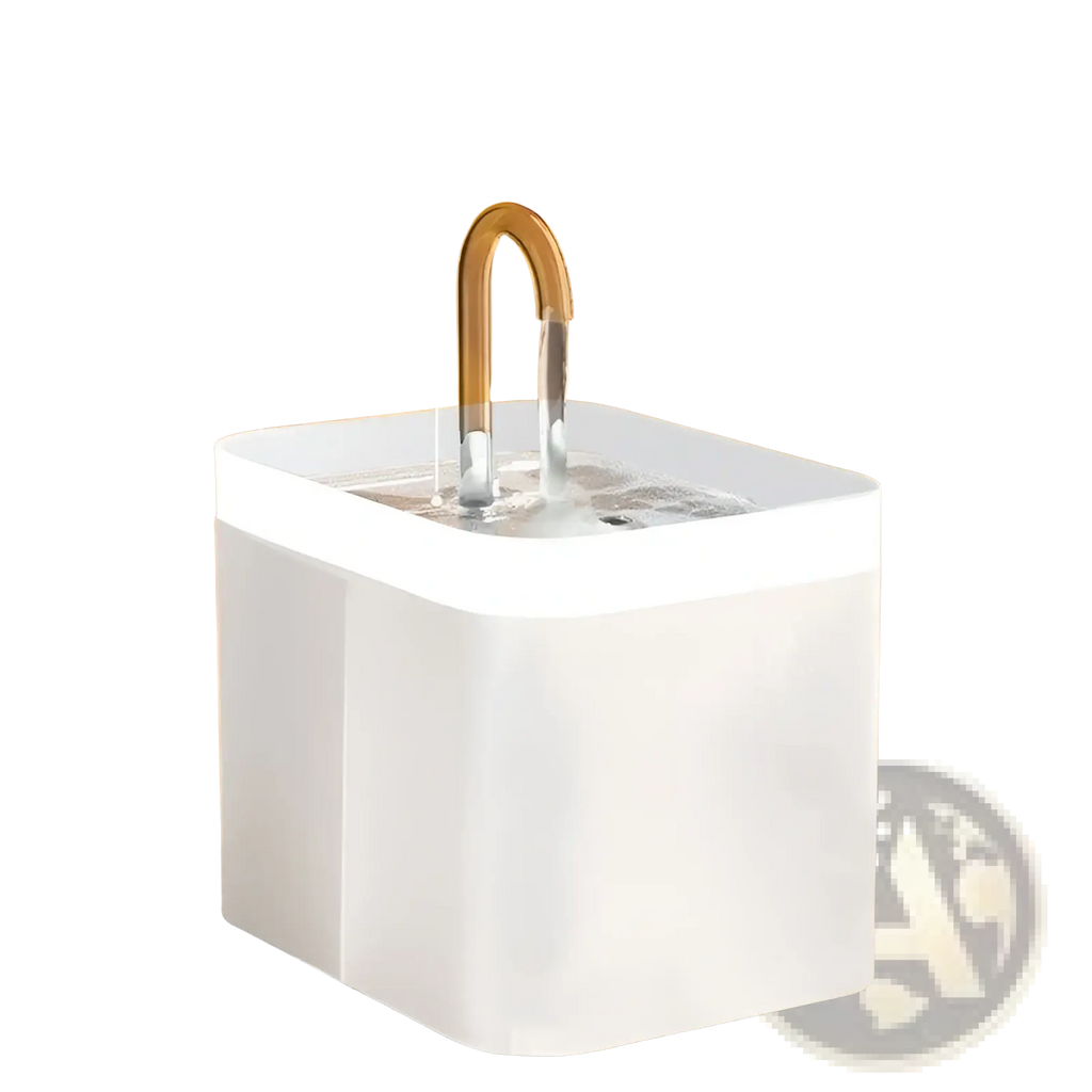 Pearl white automatic cat water fountain 1500ml with a square shape, curved spout, and transparent drinking tube