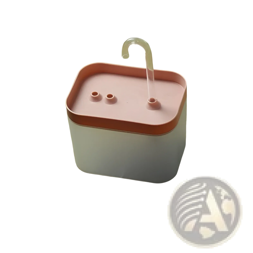 Automatic cat water fountain 1500ml circulation in pink and white plastic with a clear curved spout for pets