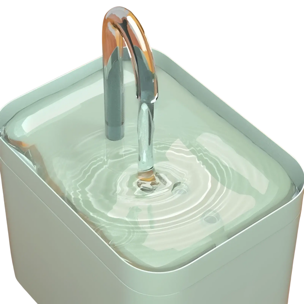 Automatic cat water fountain 1500ml circulation in light green with a curved chrome spout dispensing clear water