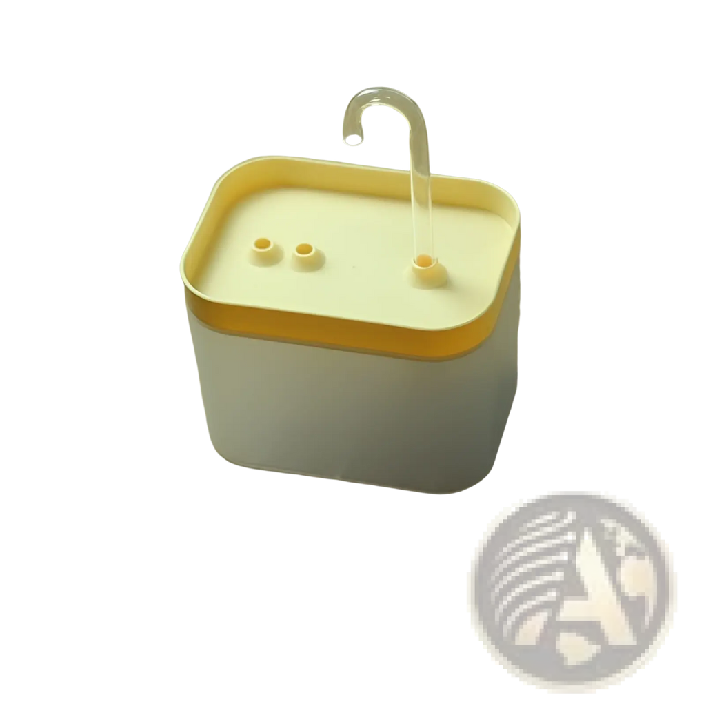 Automatic cat water fountain 1500ml circulation with white and yellow plastic body and clear curved spout for pets