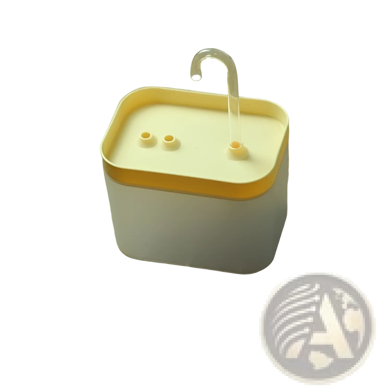 Automatic cat water fountain 1500ml circulation with white and yellow plastic body and clear curved spout for pets