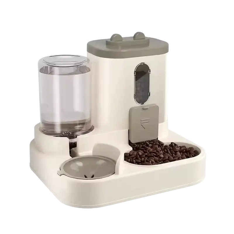 Beige and gray automatic dog bowl and water dispenser with dual compartments and transparent water reservoir