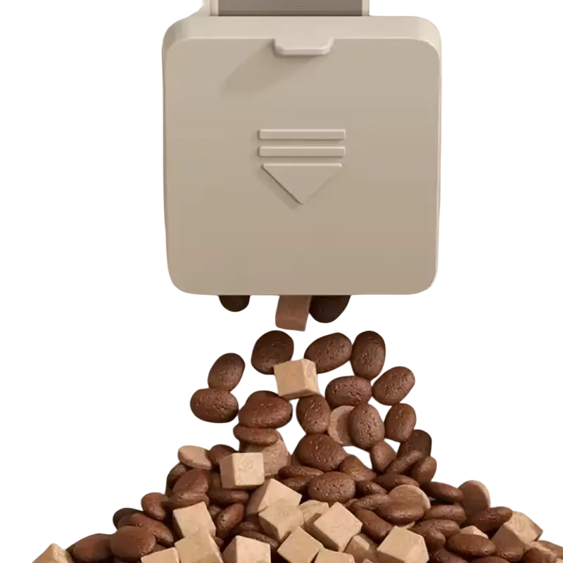 Beige plastic automatic dog bowl and water dispenser with a downward-pointing arrow on the front panel
