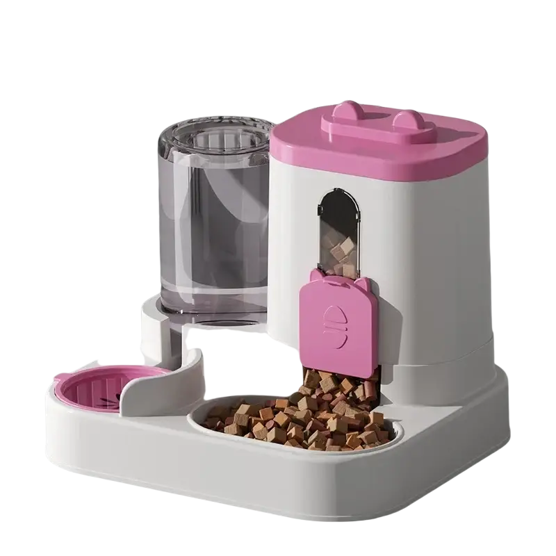 Automatic dog bowl and water dispenser in pink and white with 1600ml feeder and cat-shaped dispensing mechanism