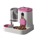 Automatic dog bowl and water dispenser in pink and white with 1600ml feeder and cat-shaped dispensing mechanism