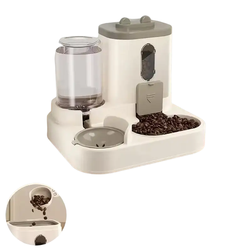 White and gray automatic dog bowl with dual food compartments and transparent water dispenser in sleek modern design
