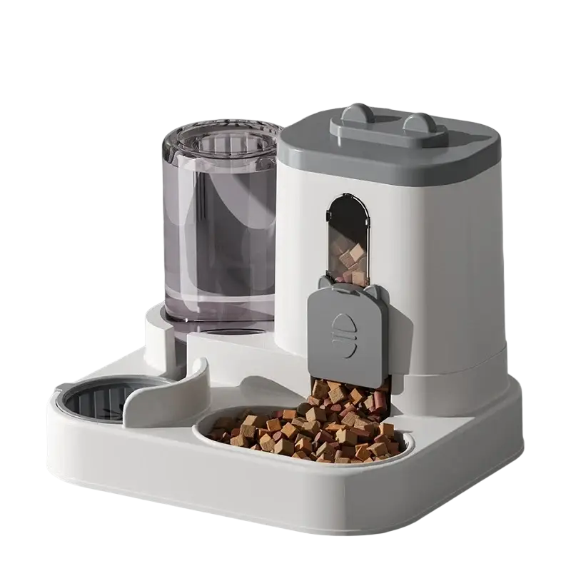 Automated white and gray bowl dog feeder with 1600ml capacity water fountain and dry kibble dispenser