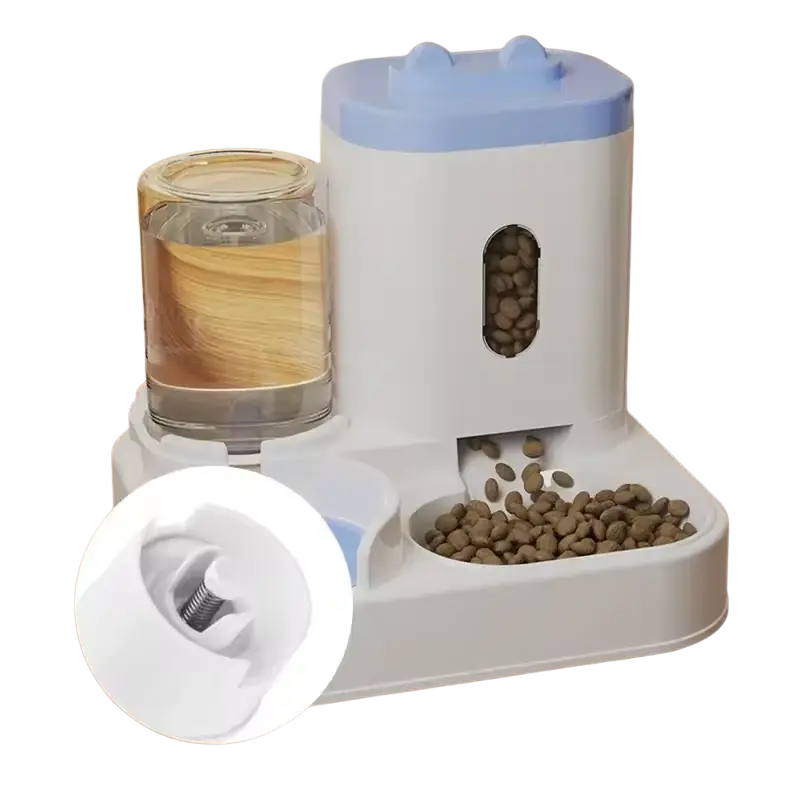 Automatic dog bowl and water dispenser in white and light blue with transparent water reservoir for dry food dispensing