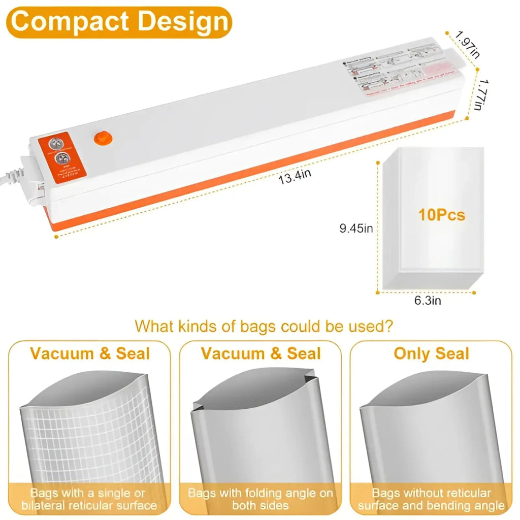 White and orange automatic food vacuum sealer machine with compact design and measurement labels for length width and height