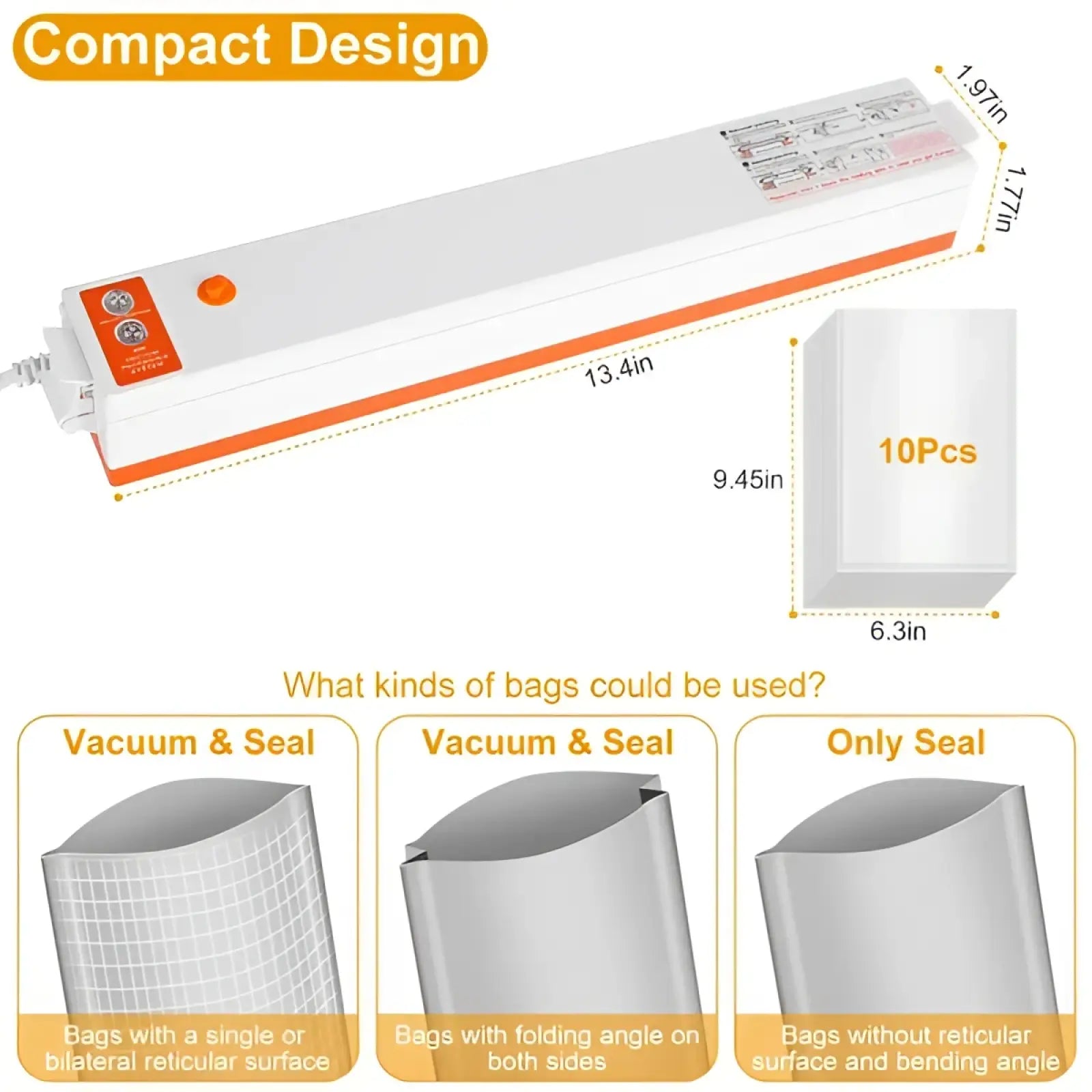 White and orange automatic food vacuum sealer machine with compact design and measurement labels for length width and height