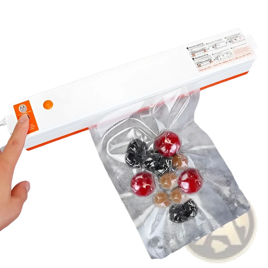 White and orange automatic food vacuum sealer machine with hand pressing power button sealing fruit candy bags