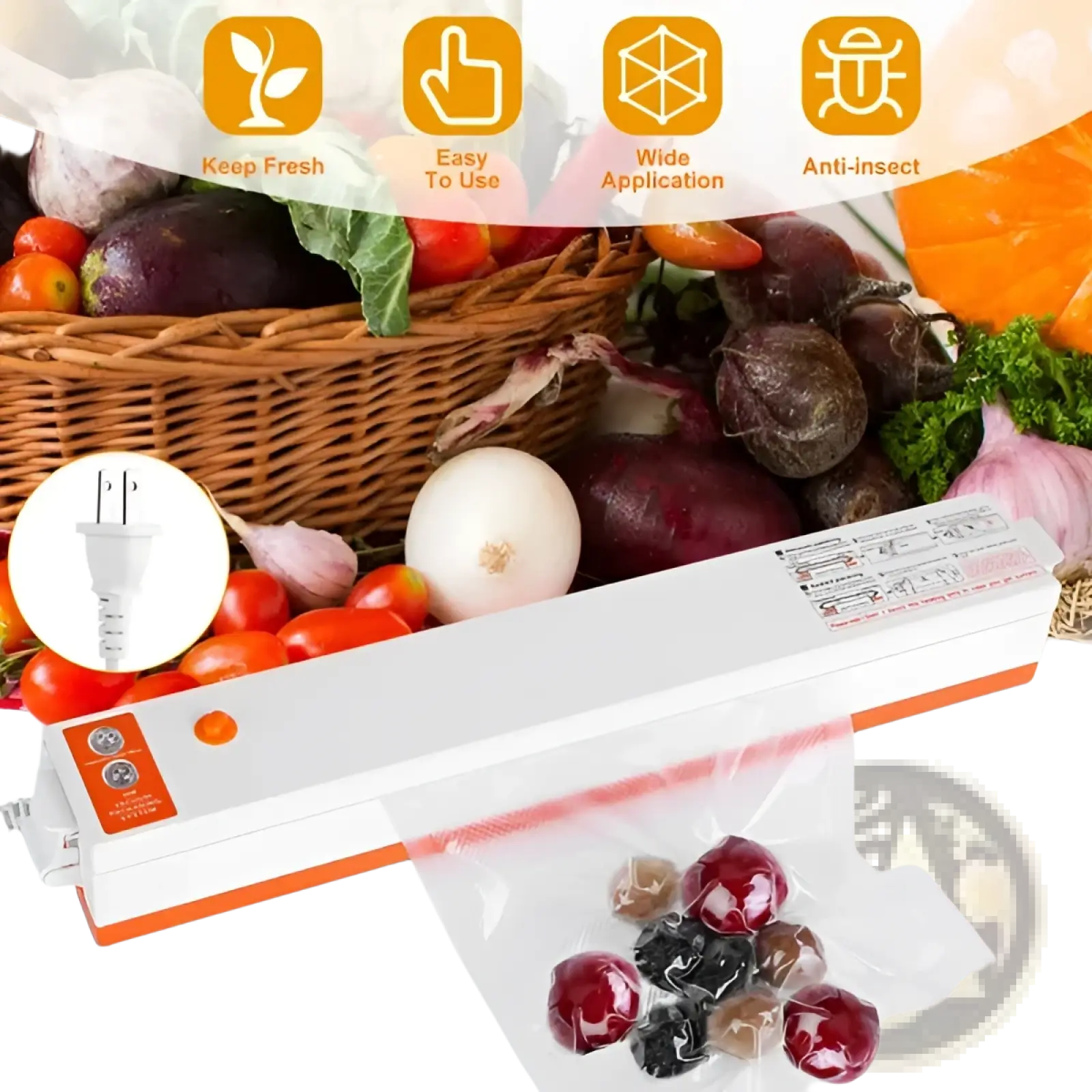 White and orange electric automatic food vacuum sealer machine sealing clear bag with red and black berries inside