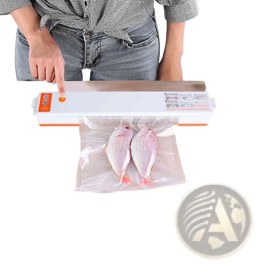 Automatic food vacuum sealer machine white and orange sealing clear plastic bag with two whole fish with 10 bags included