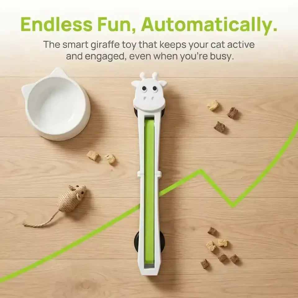 White plastic giraffe-shaped automatic interactive cat toy with green sliding channel and black wheels wall mounted