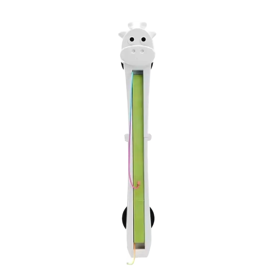 White plastic giraffe-shaped children height measuring stick with green sliding scale and colorful string for interactive cat toy use