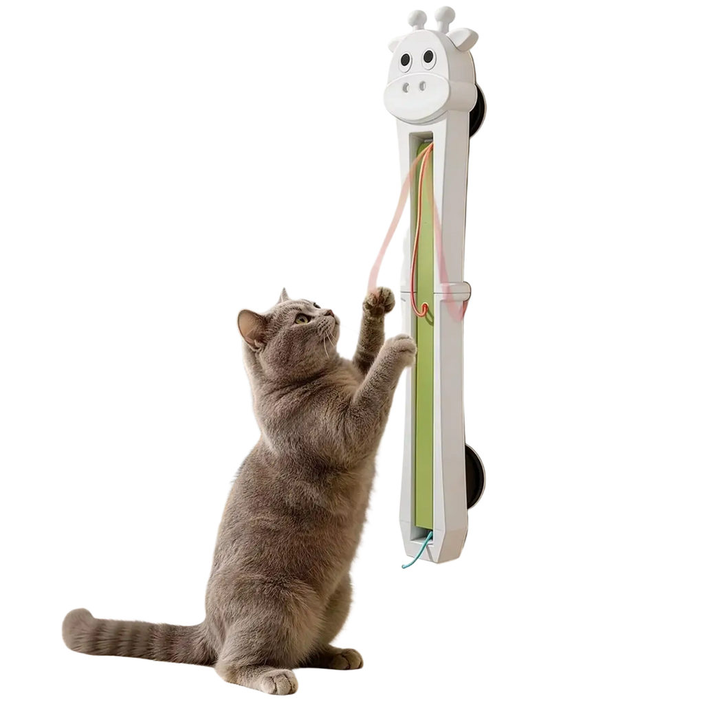 White giraffe-shaped wall-mounted automatic interactive cat toy with green and pink dangling ribbons for play