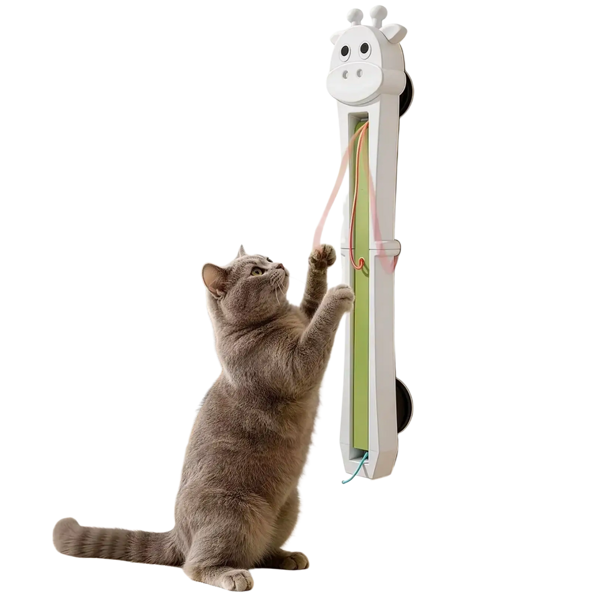 White giraffe-shaped wall-mounted automatic interactive cat toy with green and pink dangling ribbons for play
