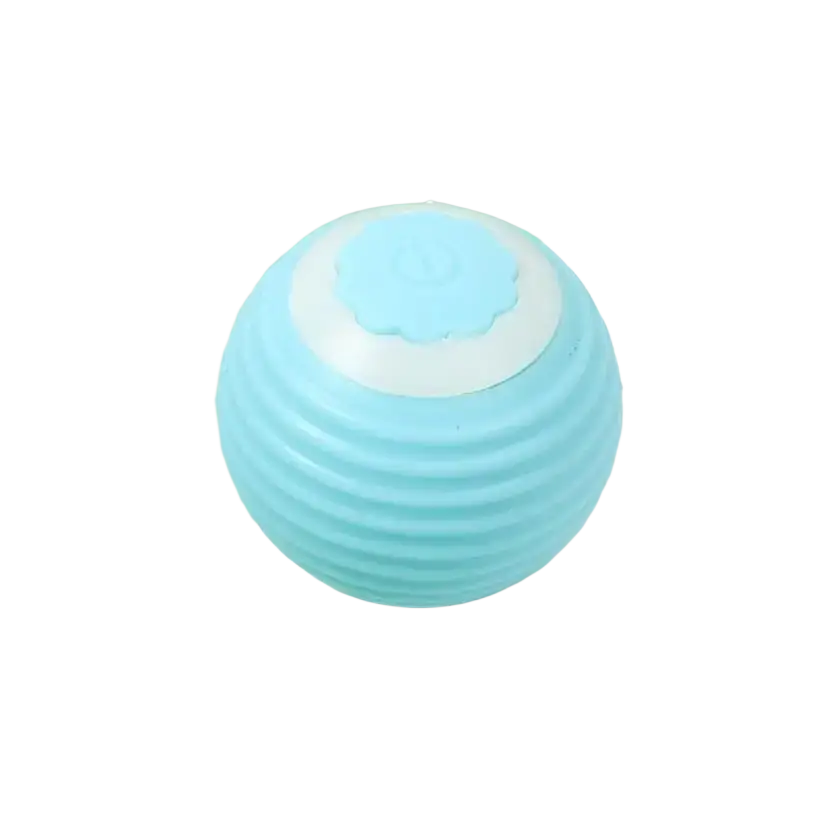 Automatic interactive smart cat ball toy made of light blue ribbed plastic with a white floral embossed top